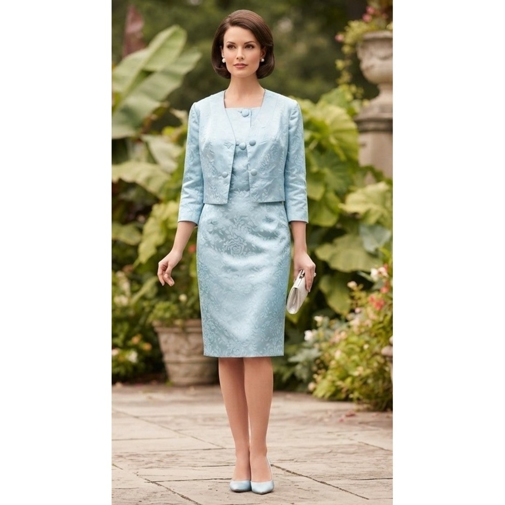 Vintage Nan Leslie Silk Cocktail Dress with Bolero Jacket Size 14 Blue 50s 60s